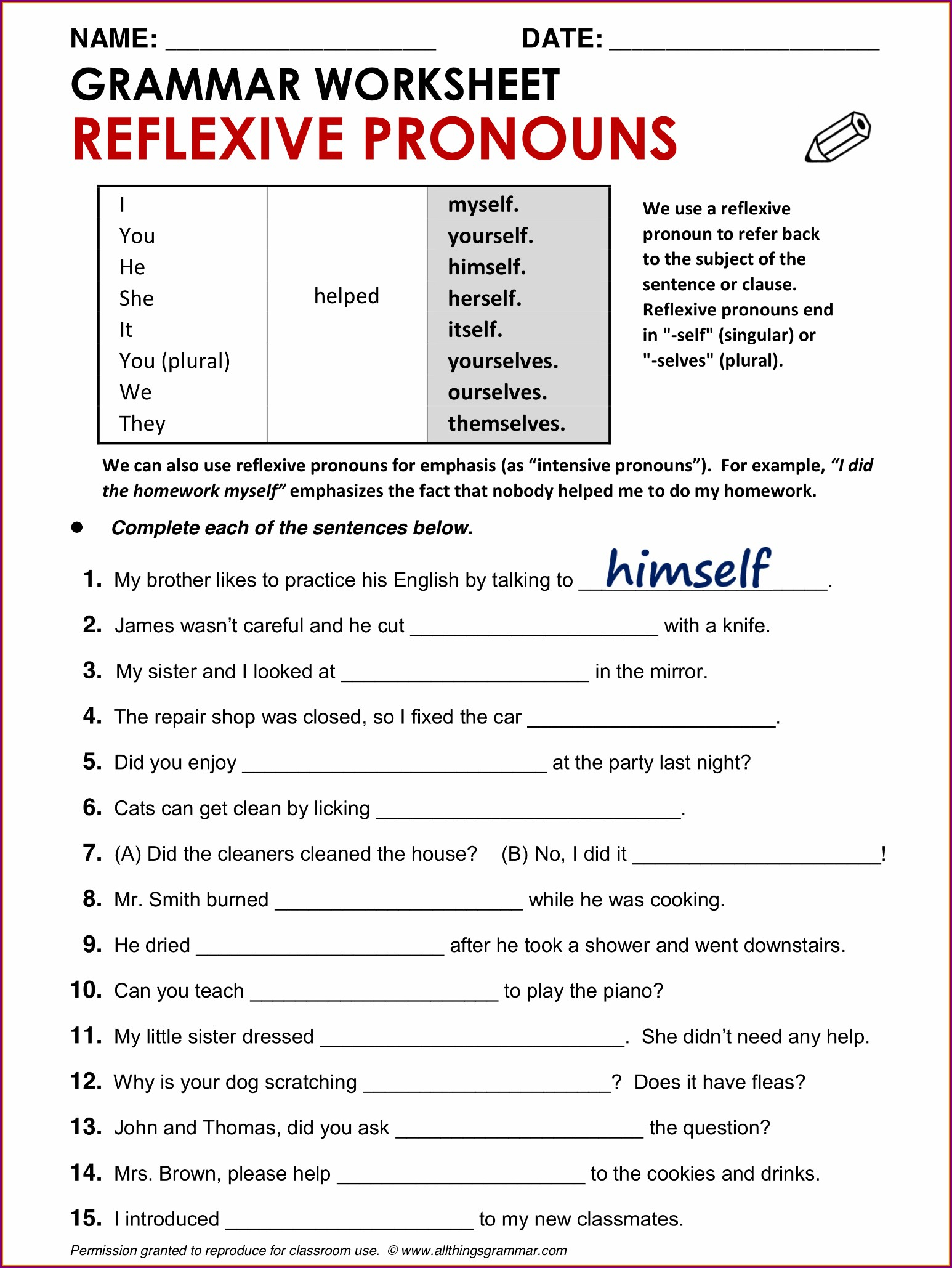 2nd Grade Reflexive Pronouns Worksheets Pdf Worksheet Resume Examples