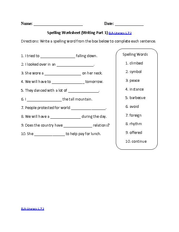 7th Grade Common Core Language Worksheets Spelling Worksheets 