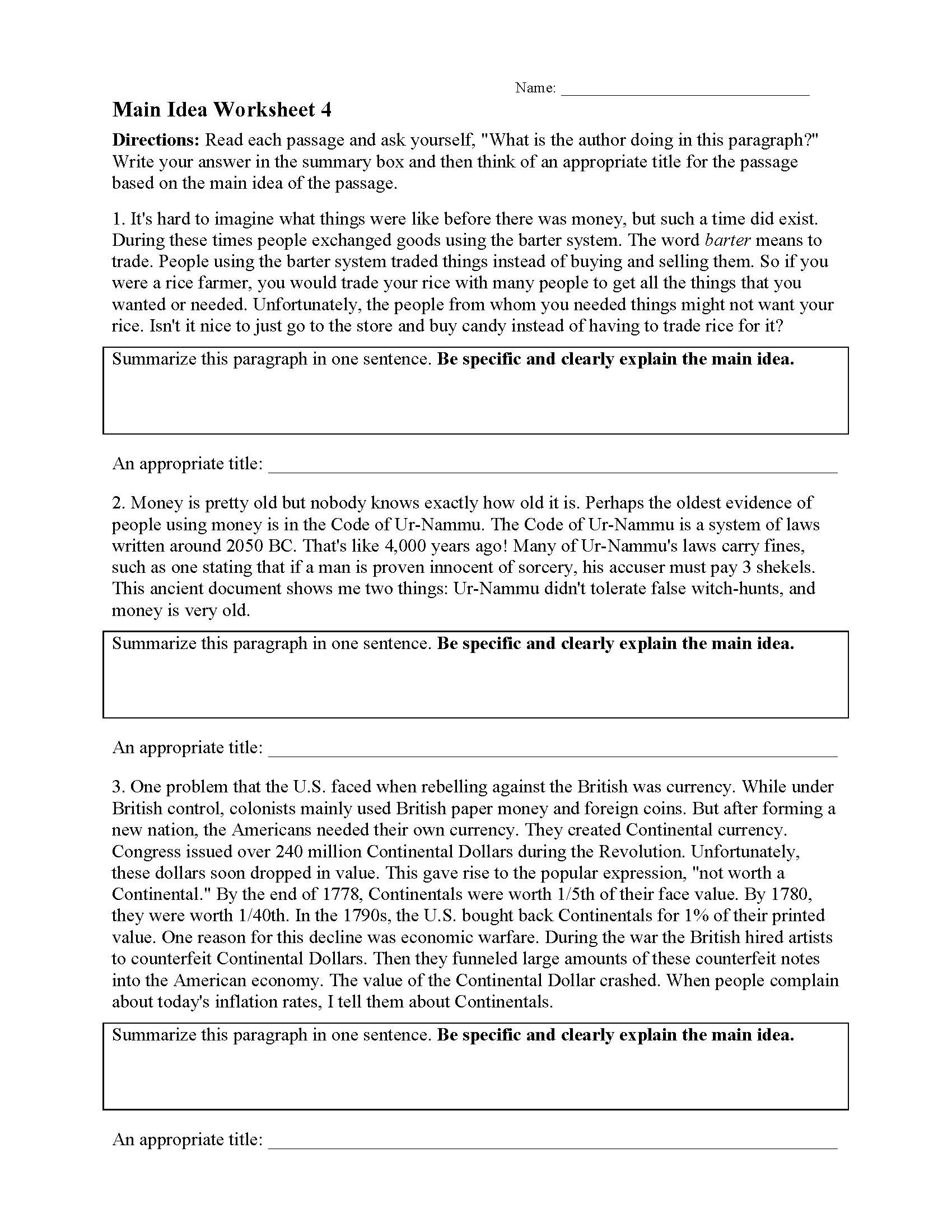 Common Core 4th Grade Main Idea Worksheets CommonWorksheets