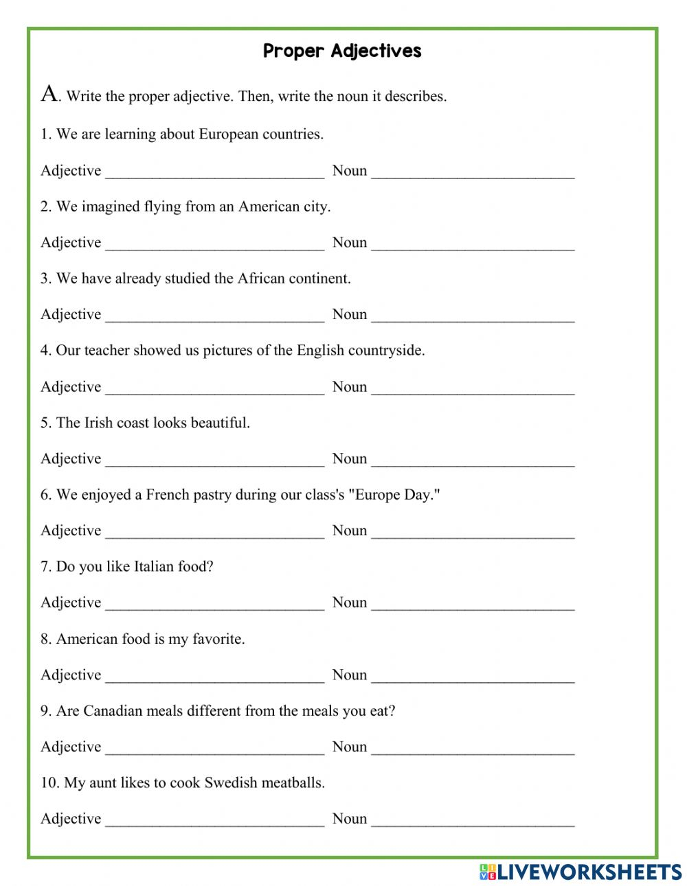 Common And Proper Adjectives Worksheets CommonWorksheets