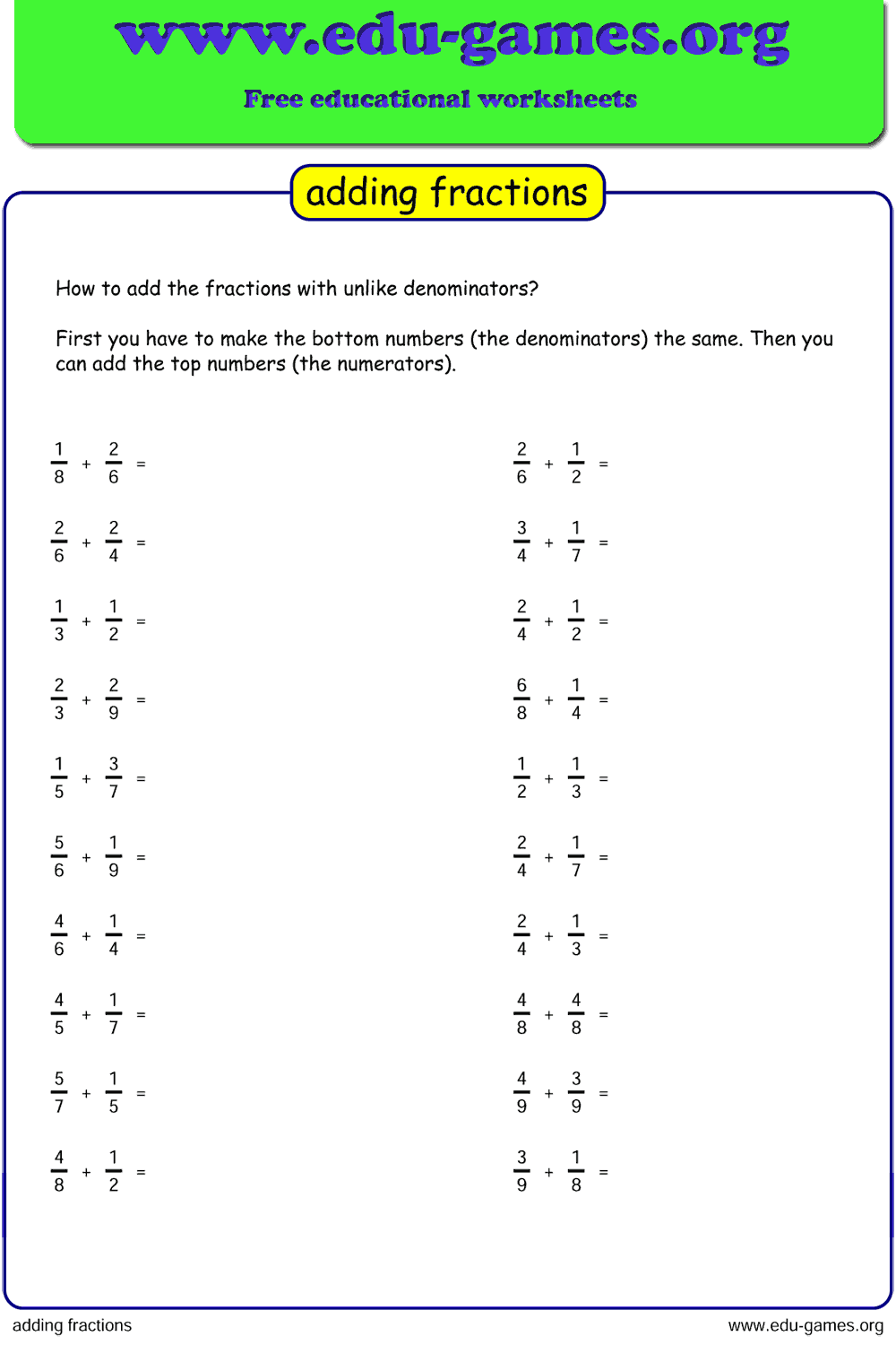 Adding Fractions Worksheet Pdf Word Worksheet