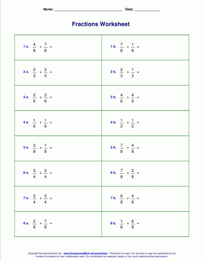 Addition Worksheets Add Fractions Same Easy Denominators Fractions