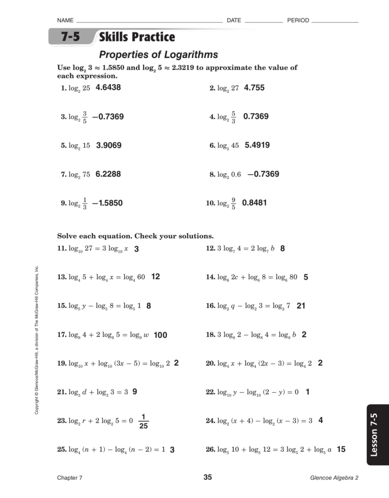 Algebra 2 Worksheet 7 4 A Properties Of Logs Answers Db excel