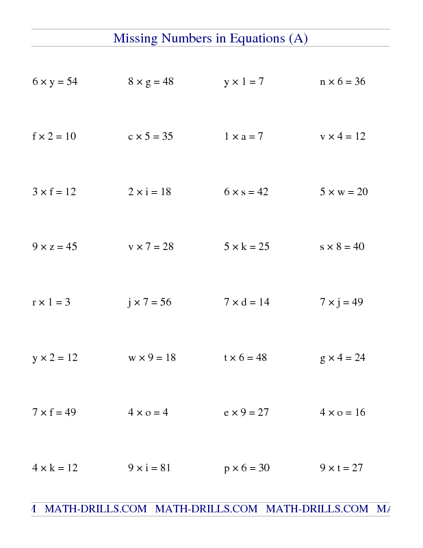 Algebra Worksheet Missing Numbers In Equations variables 