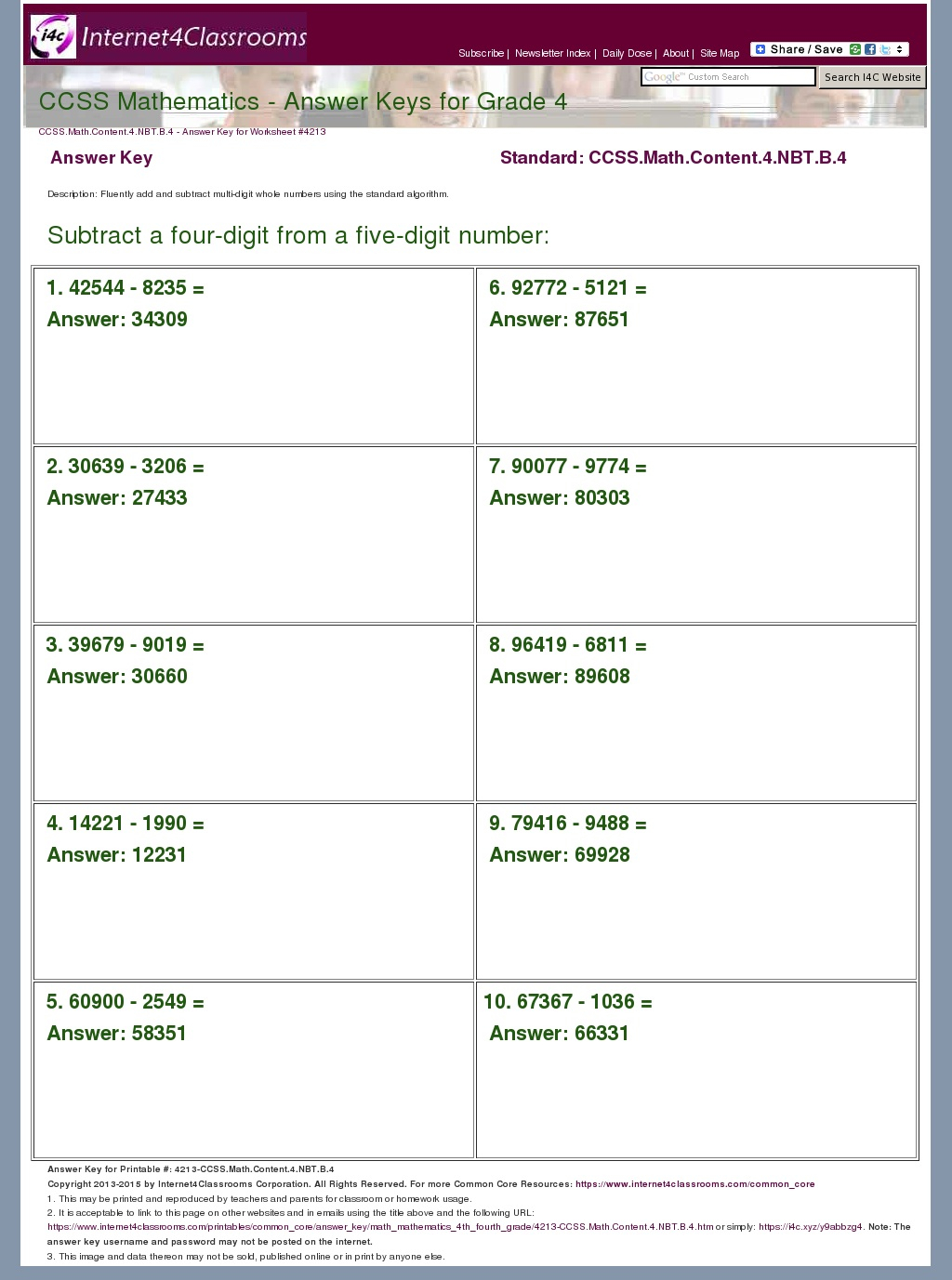 Answer Key Download Worksheet 4213 CCSS Math Content 4 NBT B 4