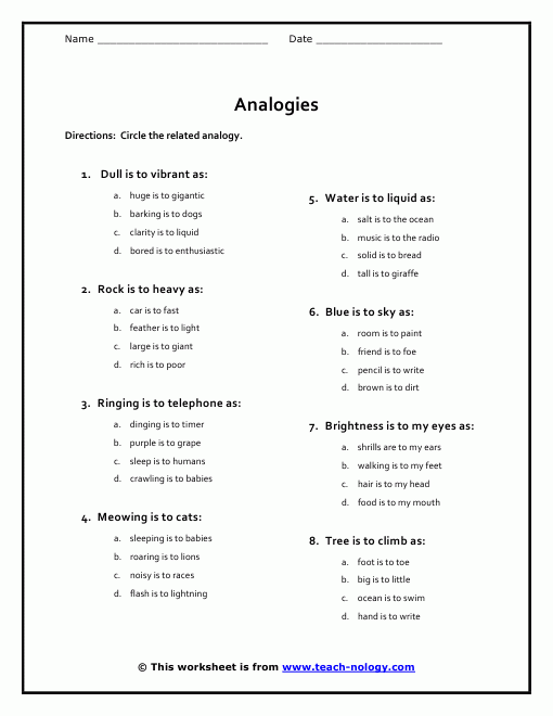 Click To Print Analogy Middle School Word Analogies