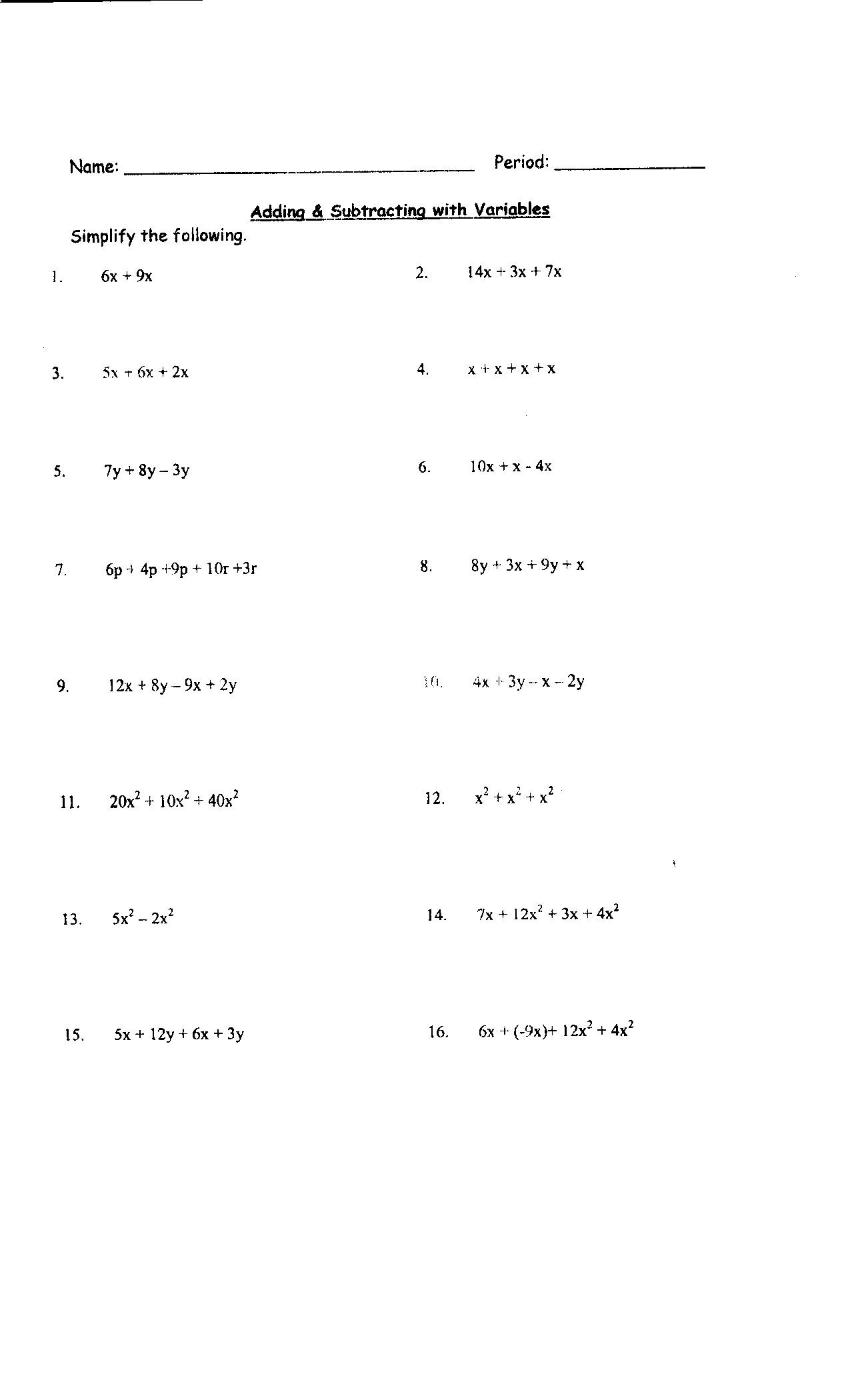 Combining Like Terms Printable Worksheet Worksheet For Kindergarten