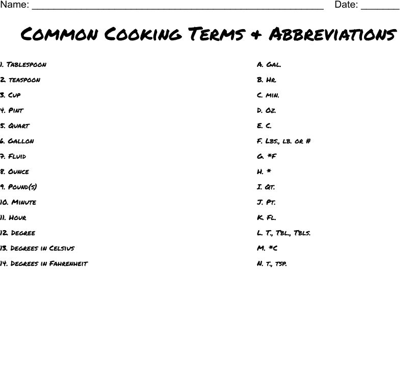 Common Cooking Terms Abbreviations Worksheet WordMint