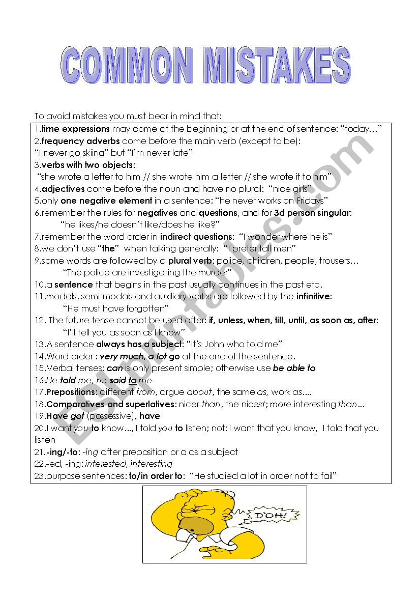 Common Mistakes ESL Worksheet By Mcchaler