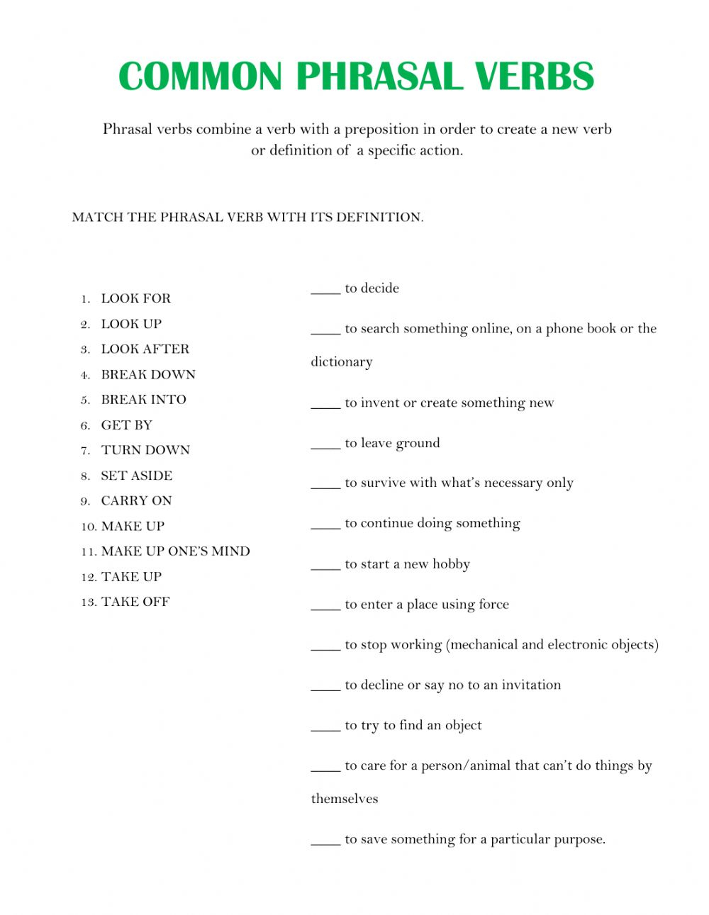 Common Phrasal Verbs Worksheet