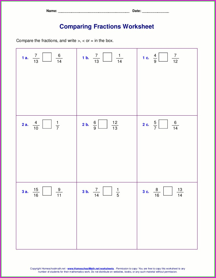 Comparing Fractions Worksheet 4th Grade Answer Key Comparing 