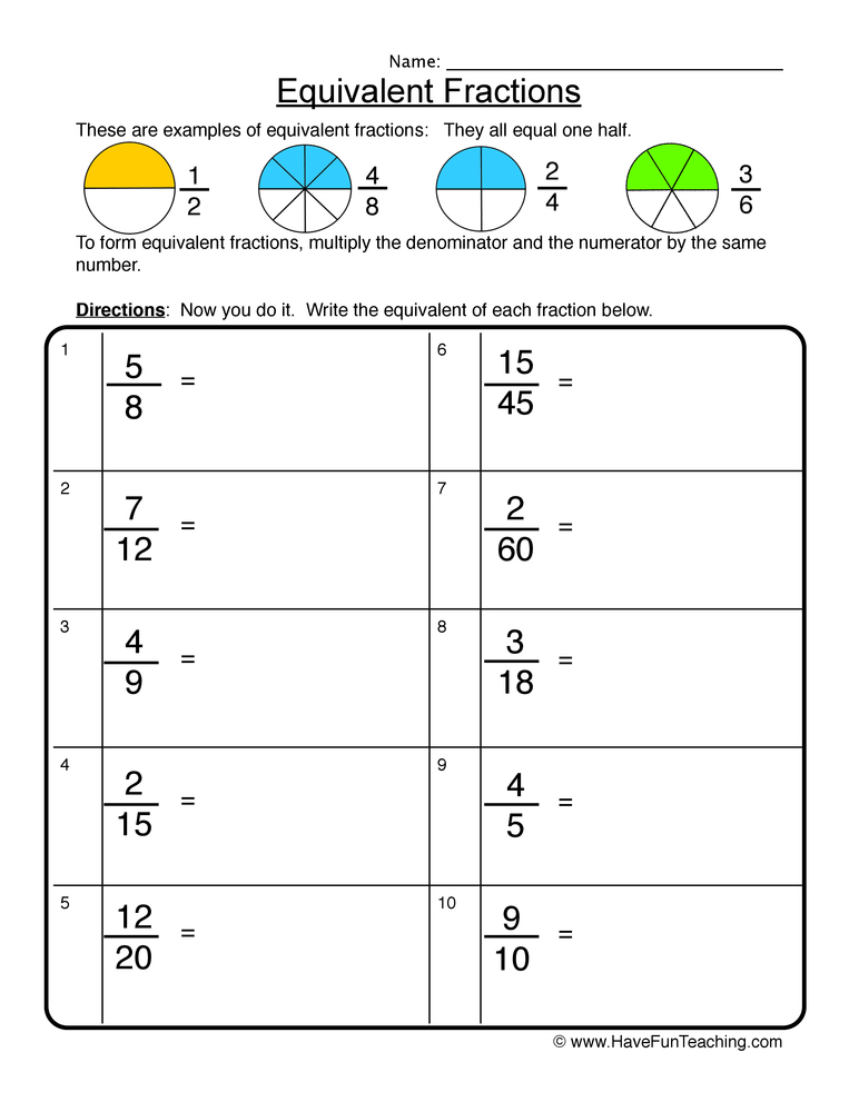 Equivalent Fraction Worksheet The Equivalent