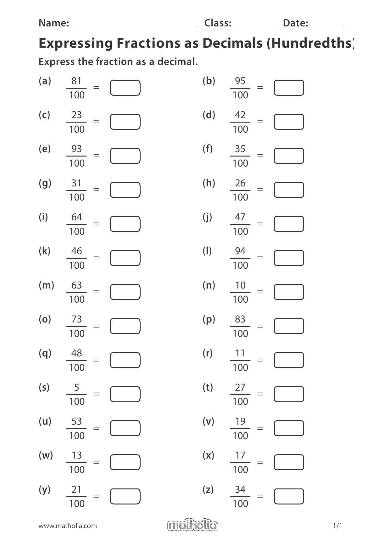 Expressing Fractions As Decimals Hundredths Decimals Worksheets 