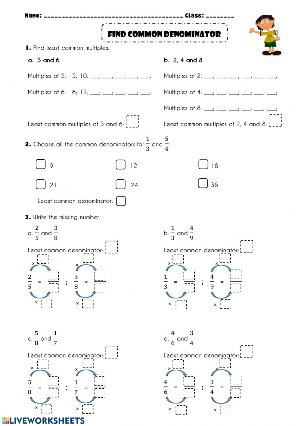 Find Common Denominators Practice Worksheet