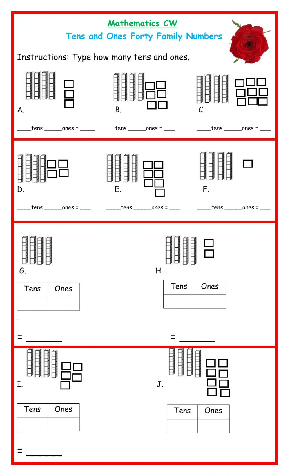 Forty Family Numbers CW Worksheet