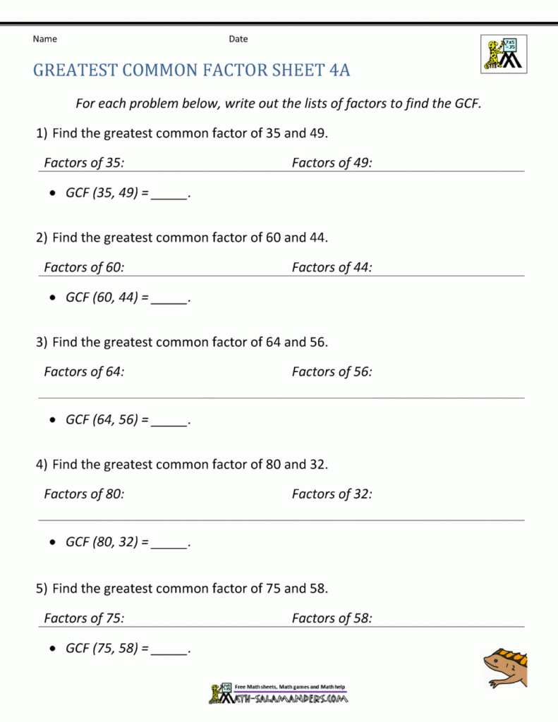 Greatest Common Factor Worksheet Page