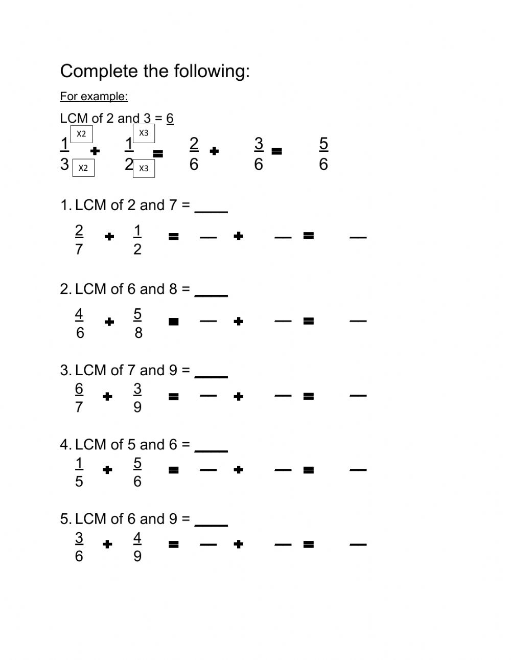 LCM And Fractions Worksheet