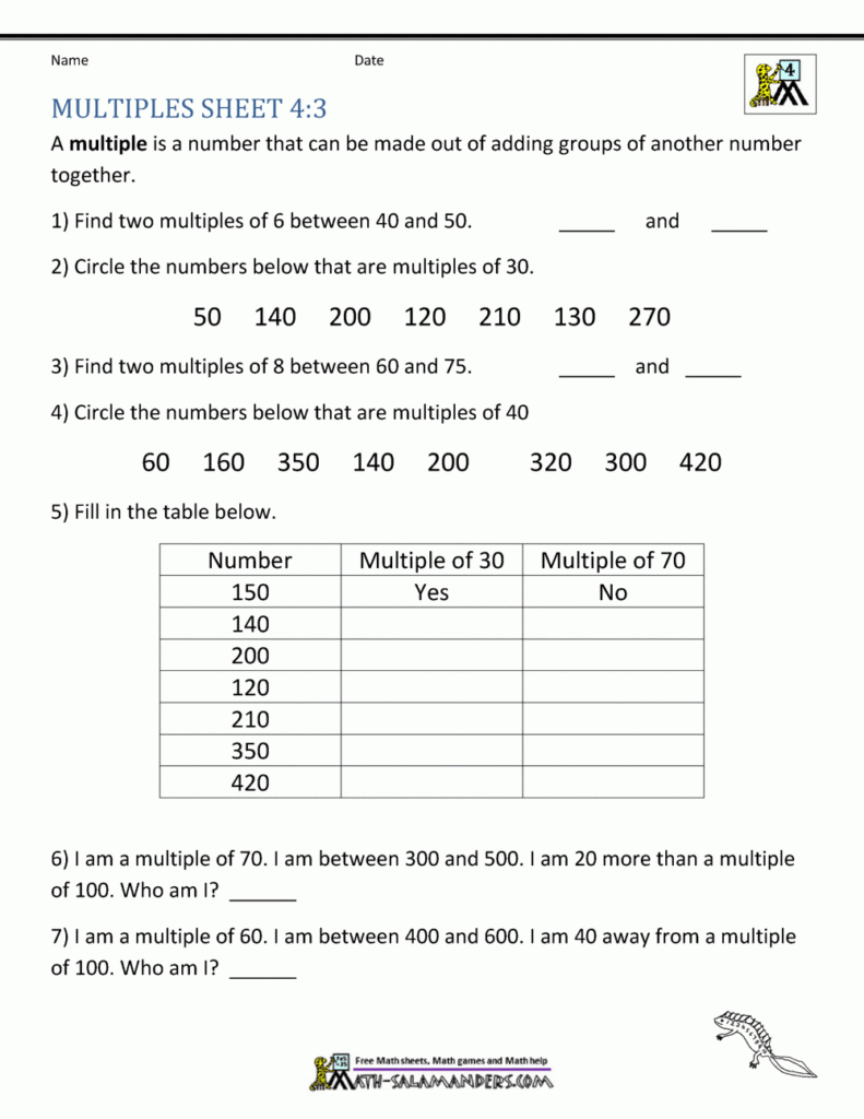 Maths Worksheets For Grade 5 Factors And Multiples Times Tables 