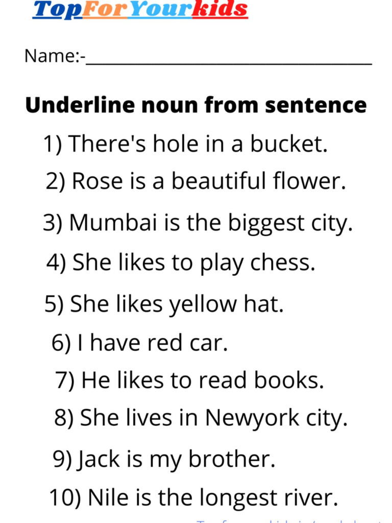 Noun Worksheet Grade 3 Underline Noun From Sentence Nouns Worksheet 