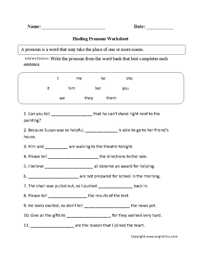 Personal Pronoun Worksheet 8th Grade