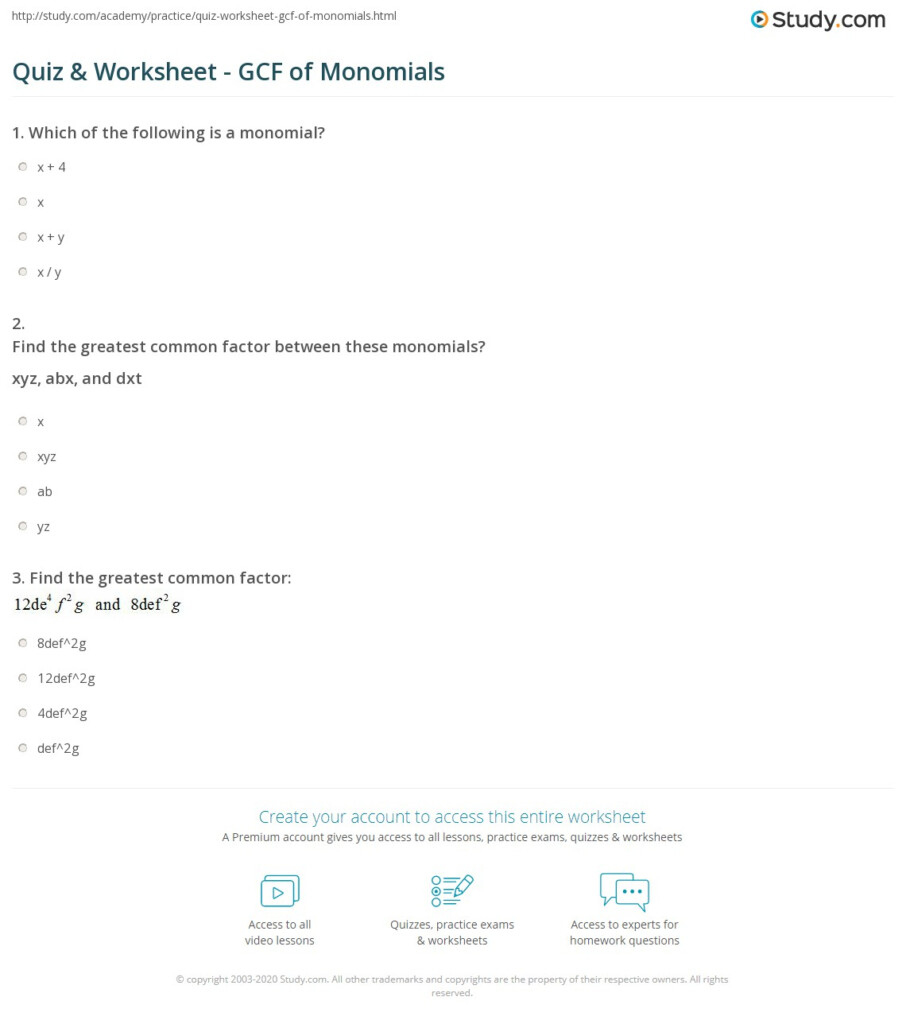 Quiz Worksheet GCF Of Monomials Study