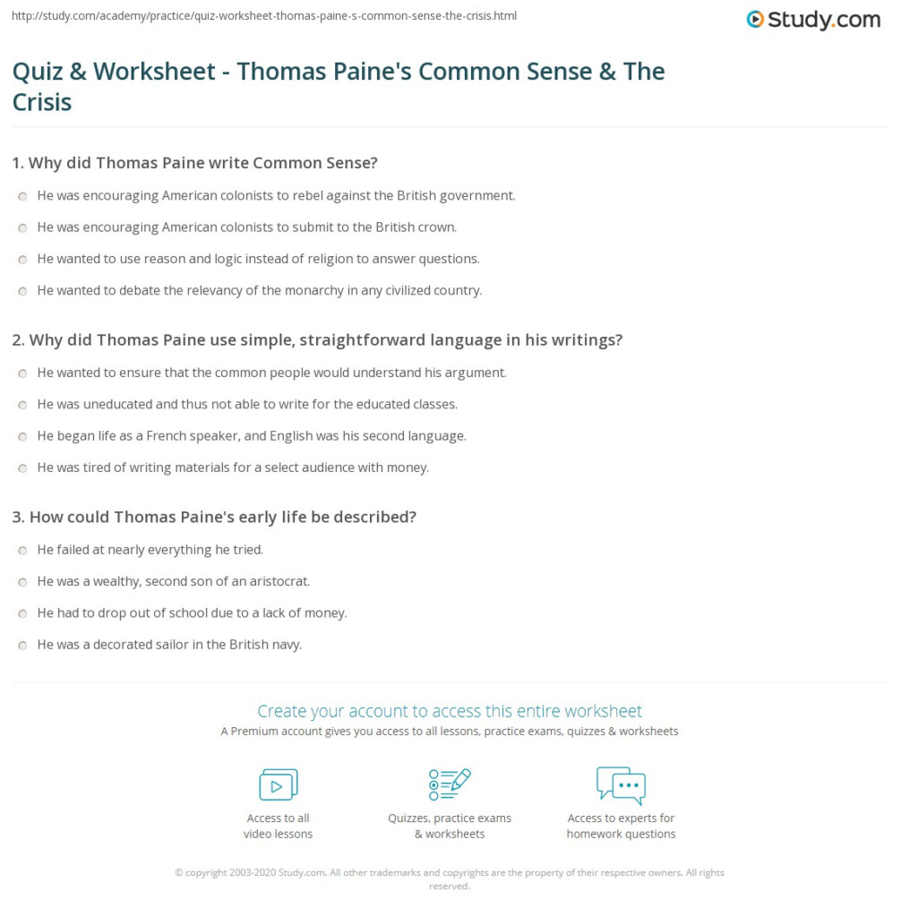 Quiz Worksheet Thomas Paine s Common Sense The Crisis Study