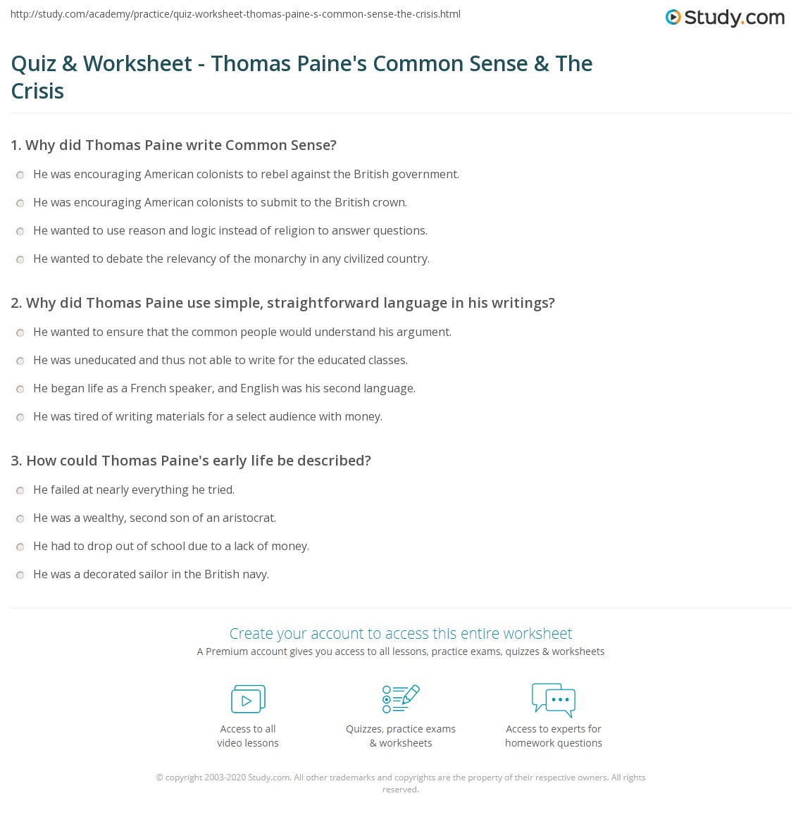 Quiz Worksheet Thomas Paine s Common Sense The Crisis Study