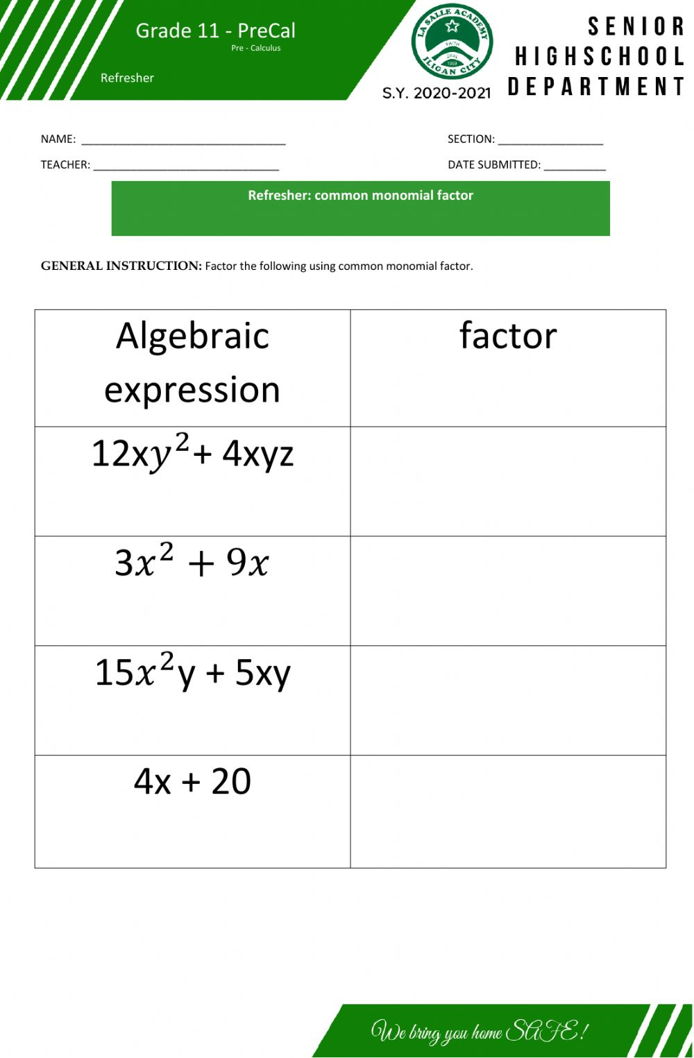 Refresher Common Monomial Factor Worksheet