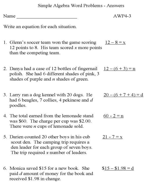 Simple Algebra Word Problems Worksheets Worksheets Master