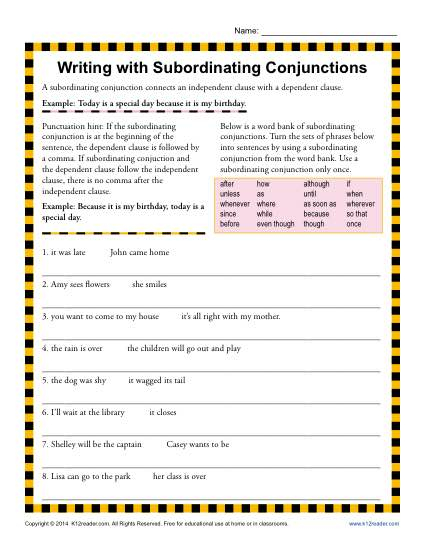 Subordinating Conjunctions Worksheets For Grade 3 Conjunction Worksheets