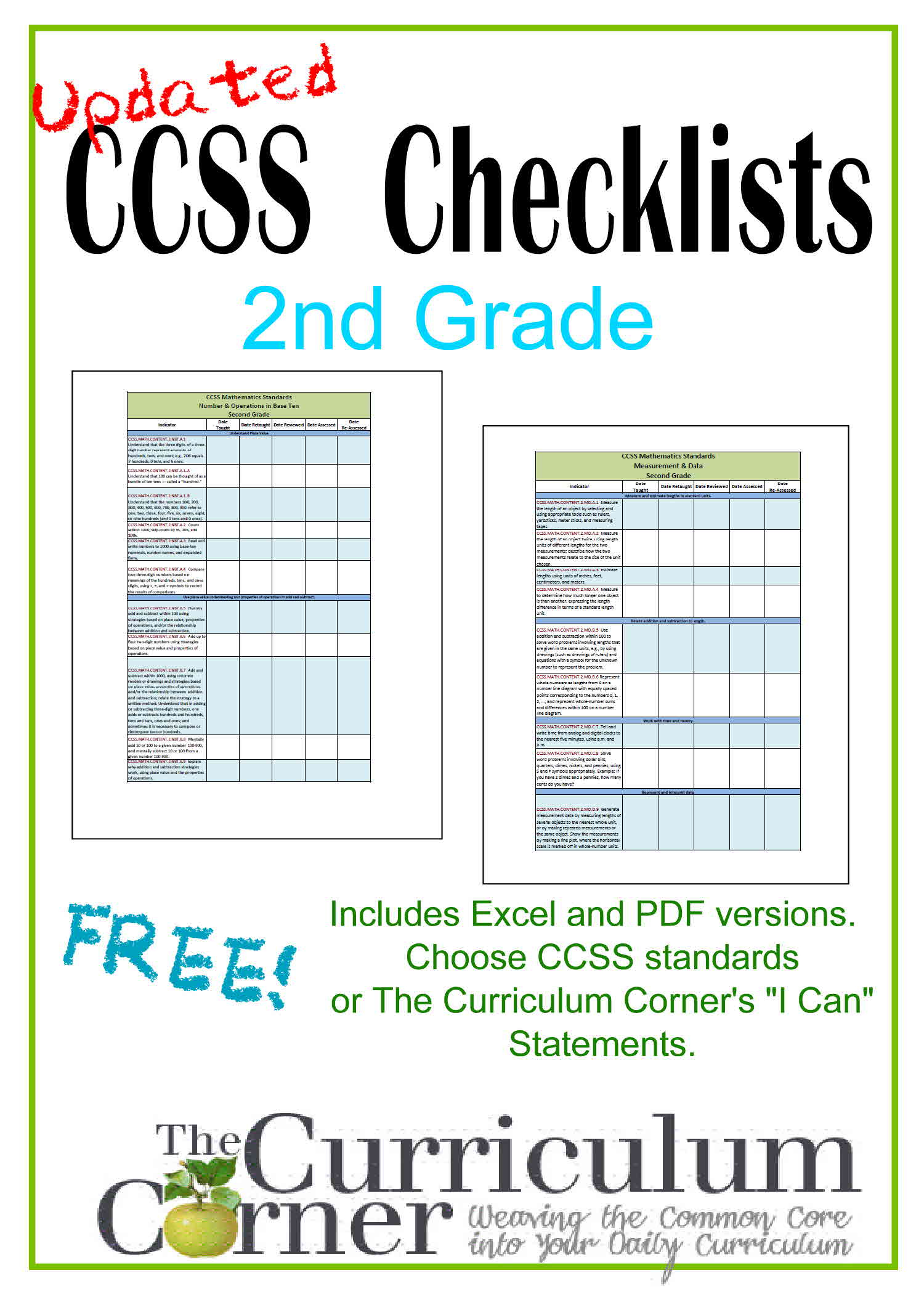 Updated 2nd Grade CCSS I Can Checklists The Curriculum Corner 123