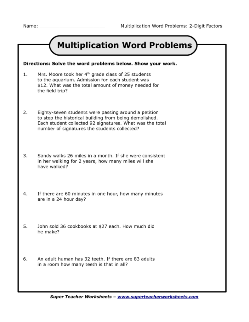 2 Digit Multiplication Word Problems Worksheet Times Tables Worksheets