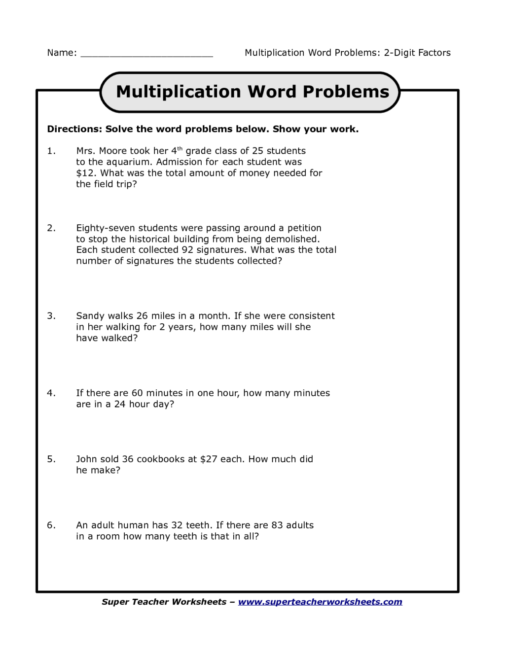 2 Digit Multiplication Word Problems Worksheet Times Tables Worksheets