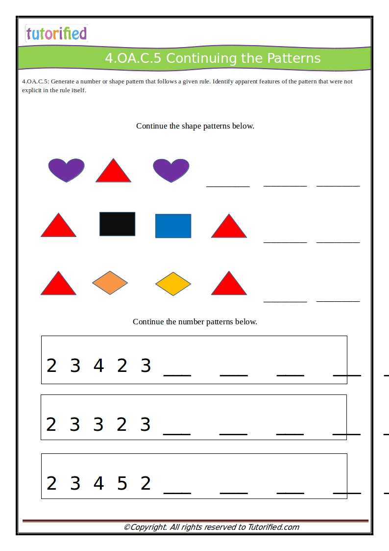 4th Grade Patterns Worksheets