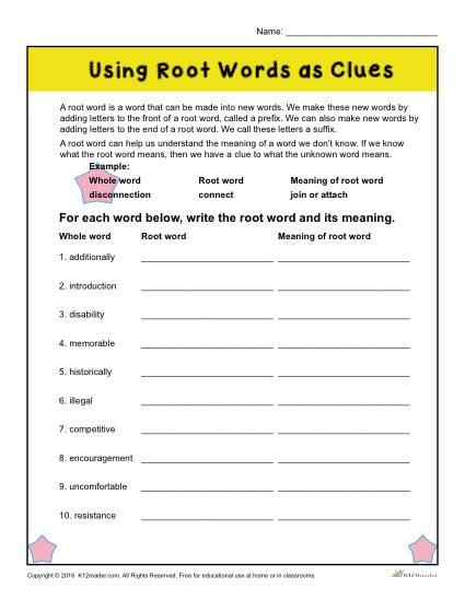 4th Grade Worksheets Word Root