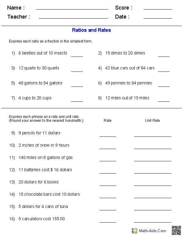 7th Grade Ratio Worksheets With Answers Kidsworksheetfun