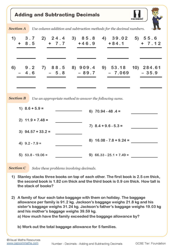 Adding And Subtracting Decimals Worksheet PDF Printable Worksheet