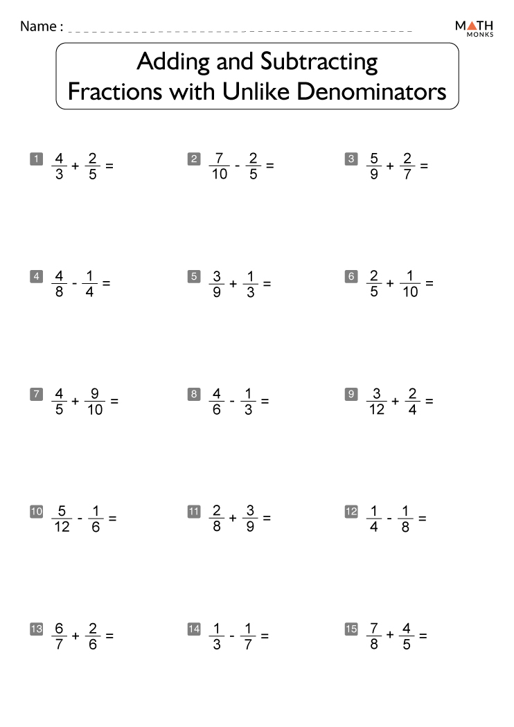 Adding And Subtracting Fractions Unlike Denominators Worksheet