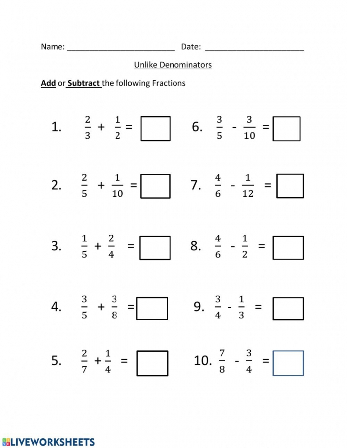 Adding And Subtracting Fractions With Uncommon Denominators Worksheets 