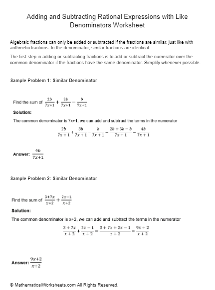 Adding And Subtracting Rational Expressions With Like Denominators 