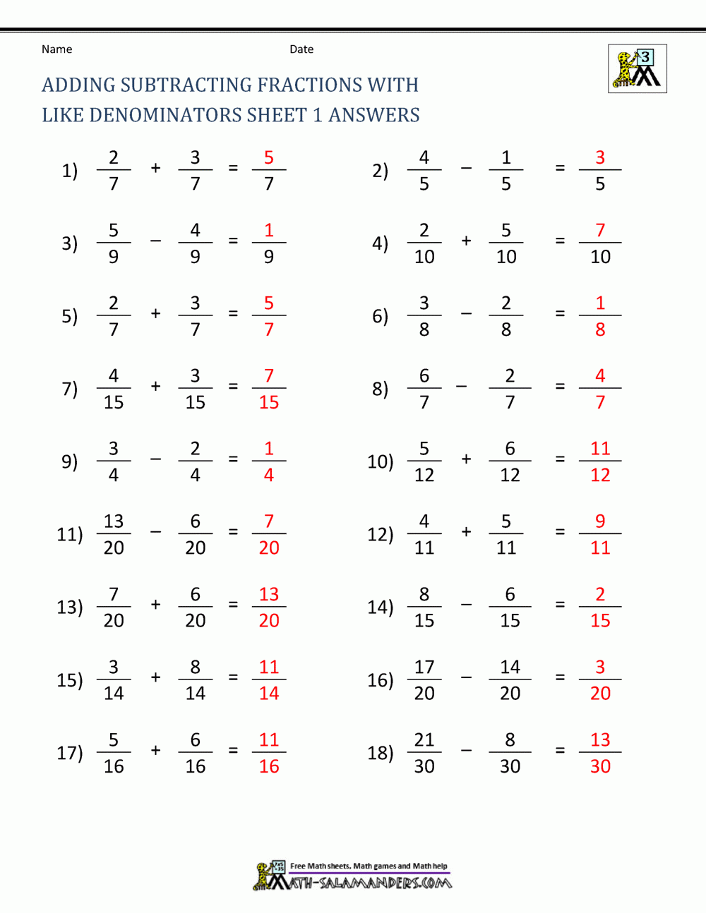 Adding Subtracting Fractions With Like Denominators Sheet 1 Answers In