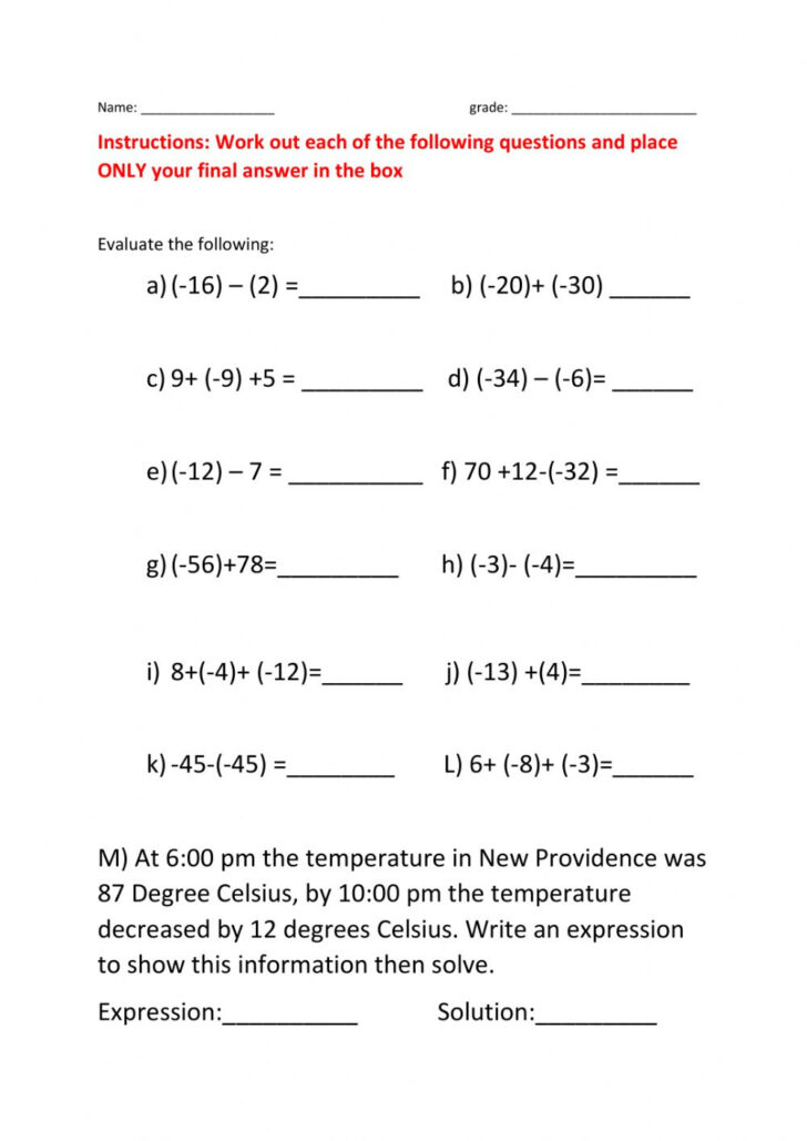 Adding Subtracting Integers Worksheet Subtracting Integers Worksheet 