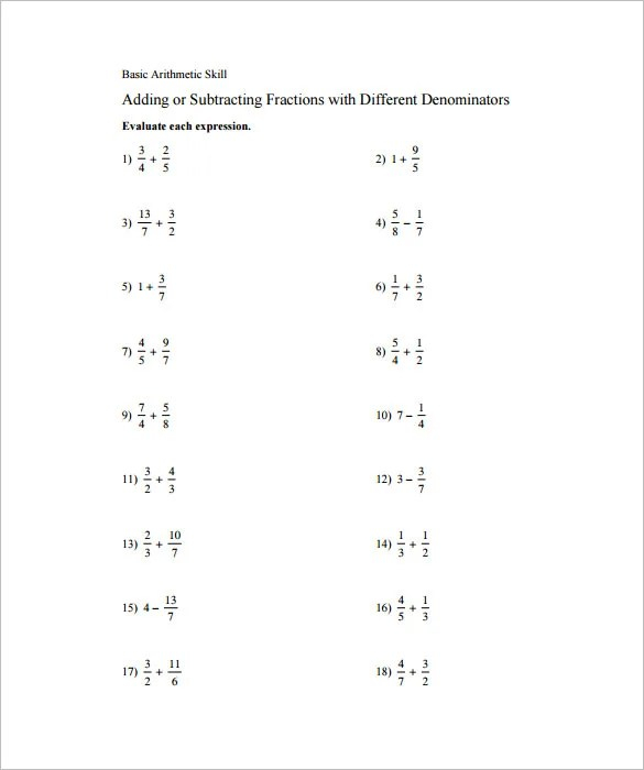 Addition And Subtraction Fractions Worksheets