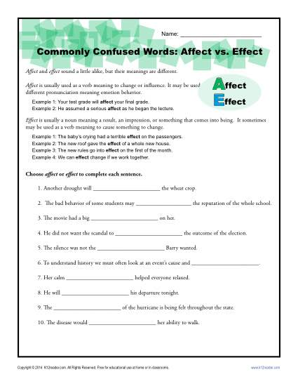 Affect Vs Effect Worksheet In 2020 With Images Commonly Confused Words