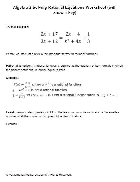 Algebra 2 Solving Rational Equations Worksheet With Answer Key 