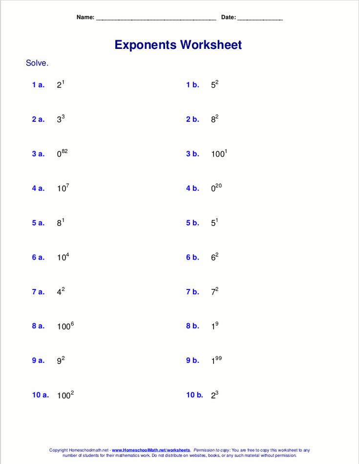 Algebra Math Worksheet Exponents