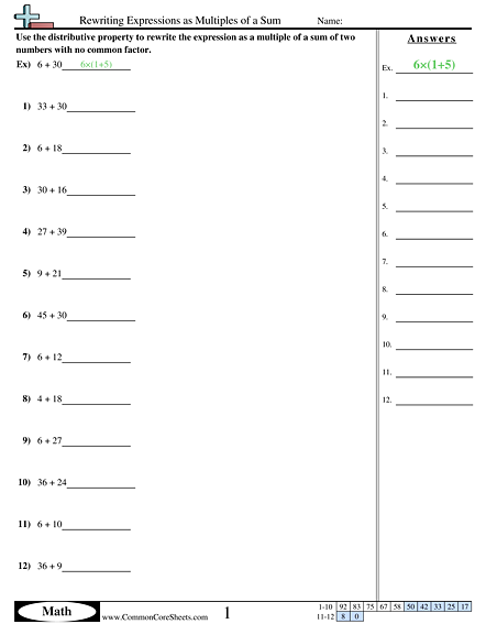 Algebra Worksheets Rewriting Expressions As Multiples Of A Sum 