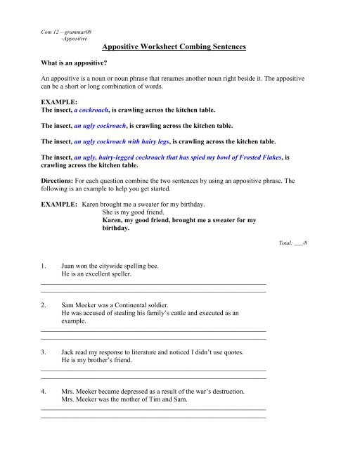 Appositive Worksheet Combing Sentences