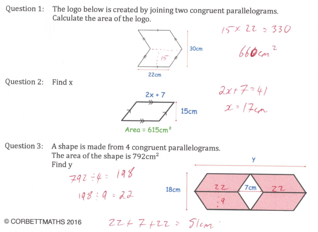 Area Of A Parallelogram Answers Corbettmaths Common Core Worksheets