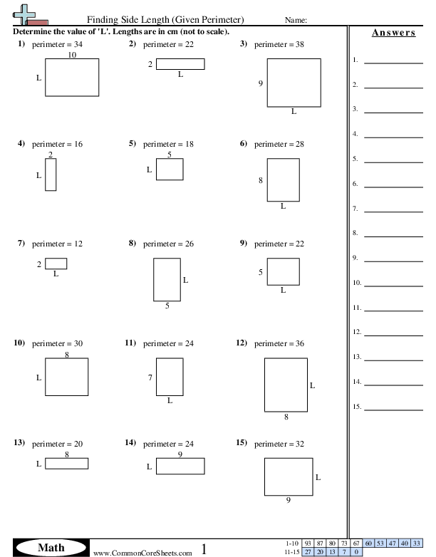 Area Perimeter Worksheets Missing Side Perimeter E Worksheet Area 